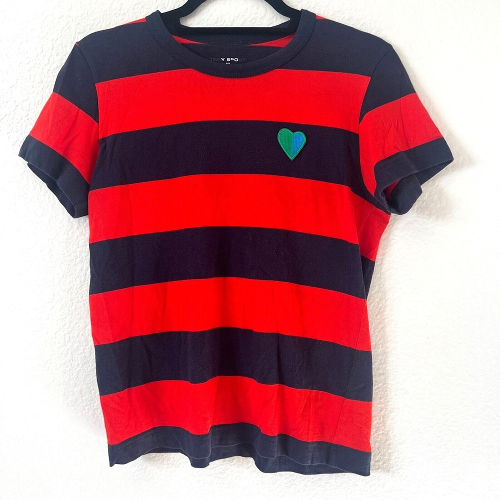 Tory Sport Sz S Womens Crewneck‎ T-Shirt Red Navy Stripes Casual Preppy Heart